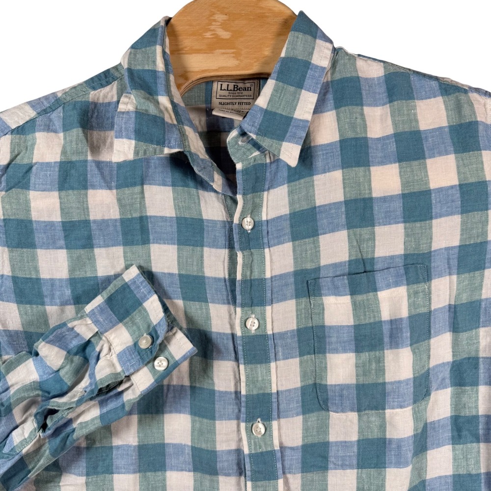 LL Bean Button Down Shirt 100% Linen Mens Large Blue White Gingham Lightweight